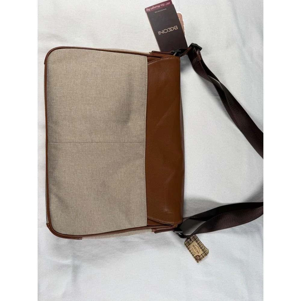 Boconi RPET Slim Messenger Bag Brown‎ Leather Recycled Fabric Laptop RFID New
